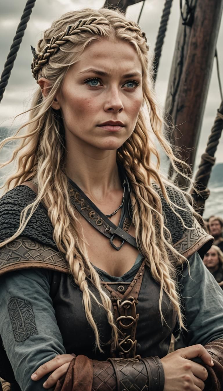 Proud Viking Woman at Longship Bow