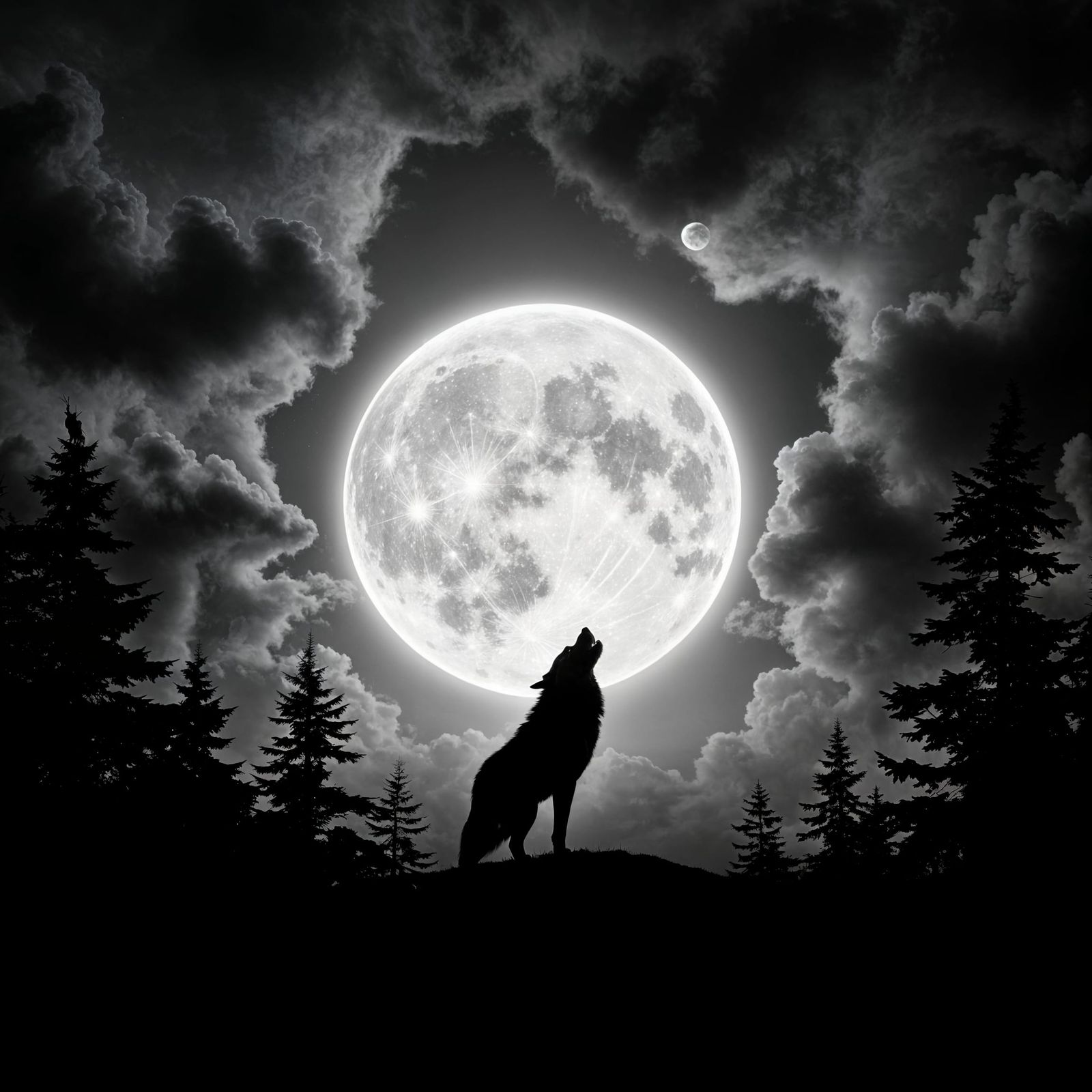 Moonlit Wolf Silhouette in a Serene Landscape