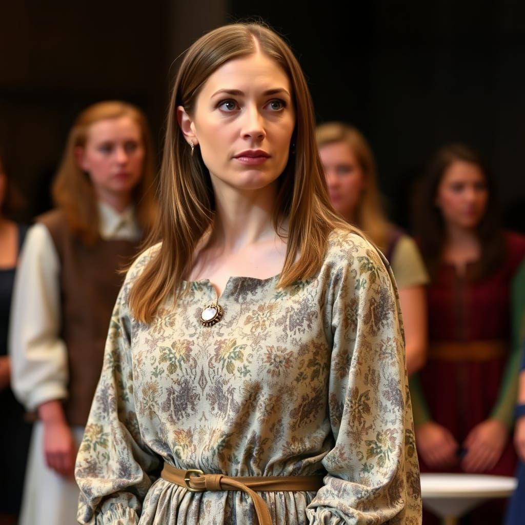 Joan of Arc Portrayed by a Slender Actress in a Simple Print...