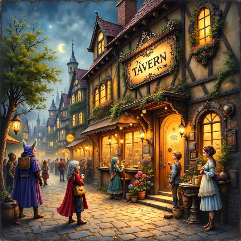 Lively Tavern Entrance with Fantasy Creatures in Impressioni...