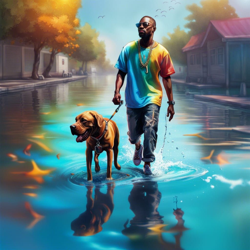 Man Walks Dog on Water: Hyperrealistic Splash Art