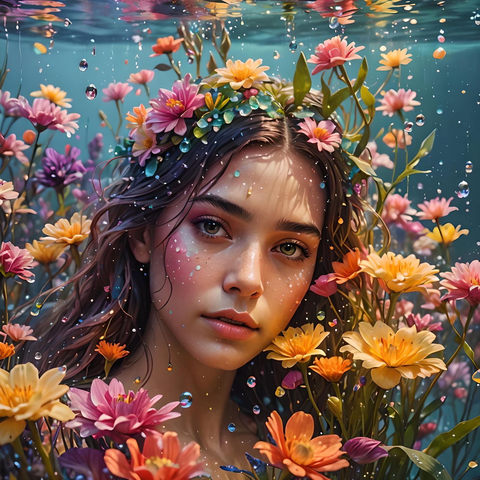 A beautiful hyper realistic girl with her face under water s...