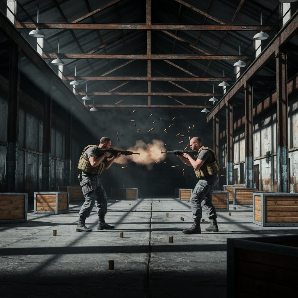 Intense Warehouse Gunfight Between Soldiers