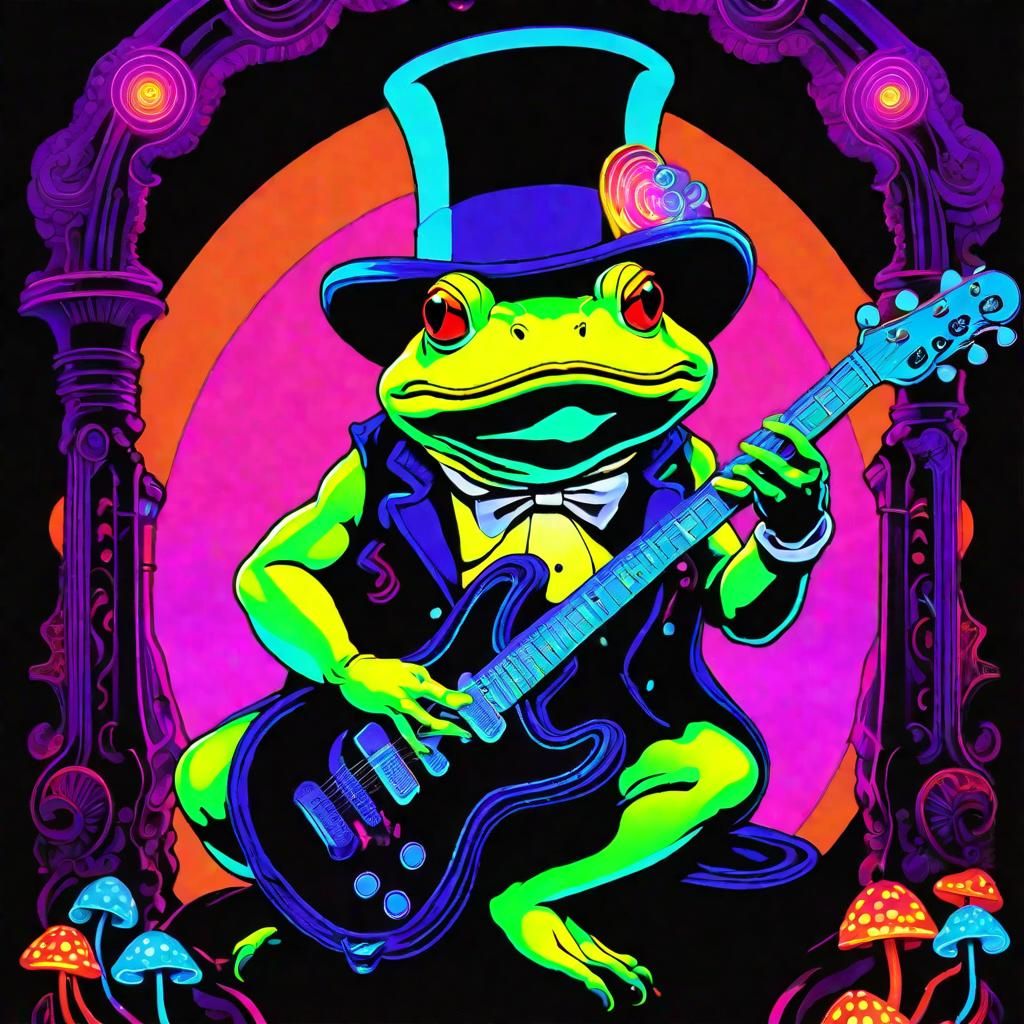 Neon Toad Guitarist in Bioluminescent Mushroom Grotto