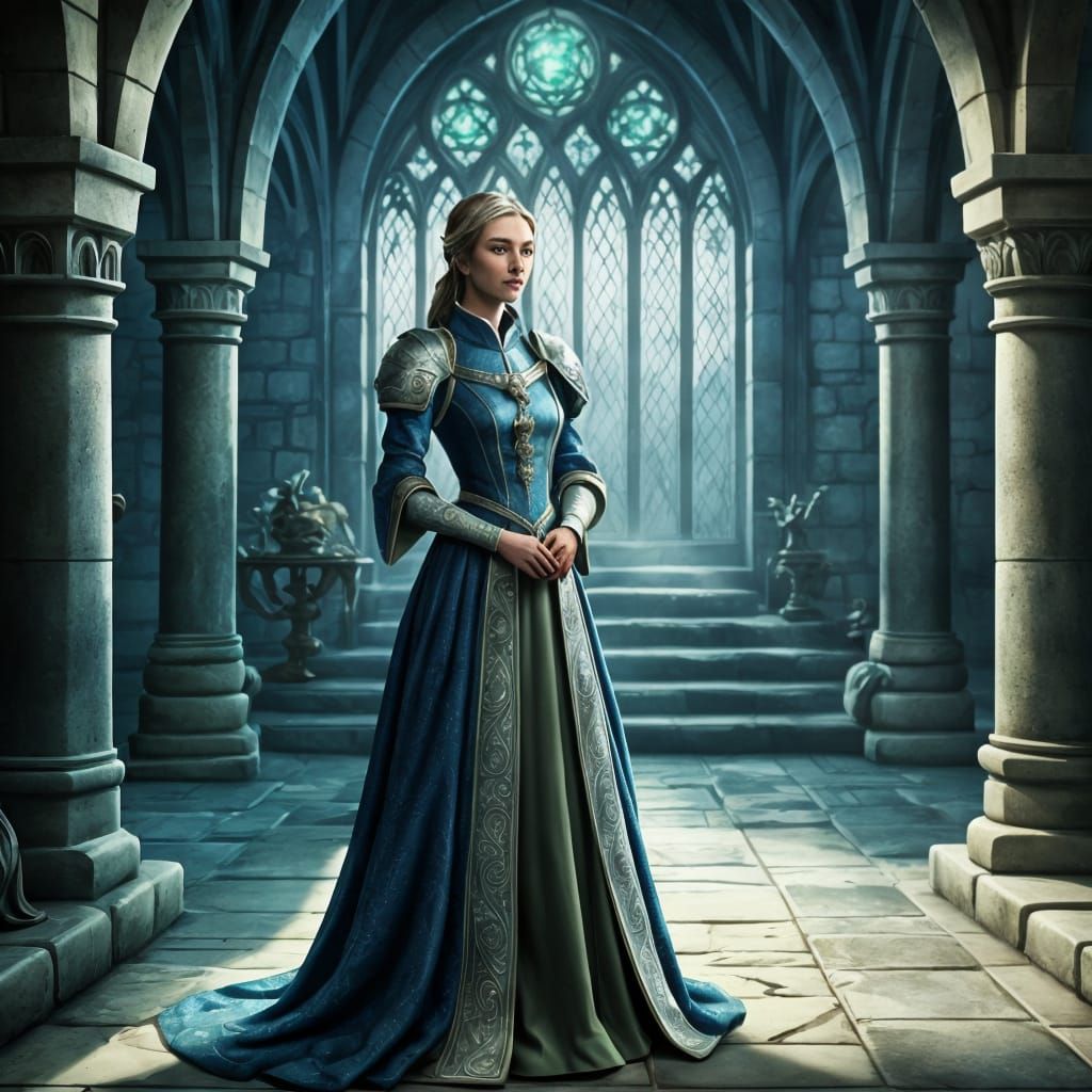 Noble Woman in Medieval Room, Cartoon Style