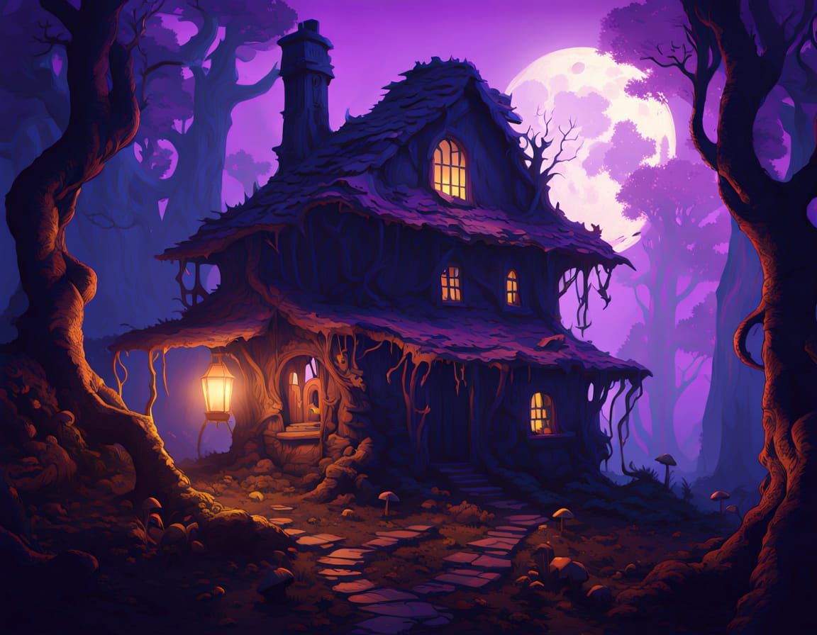 Mystical Witch's Cabin in Dark Fantasy Woodscape