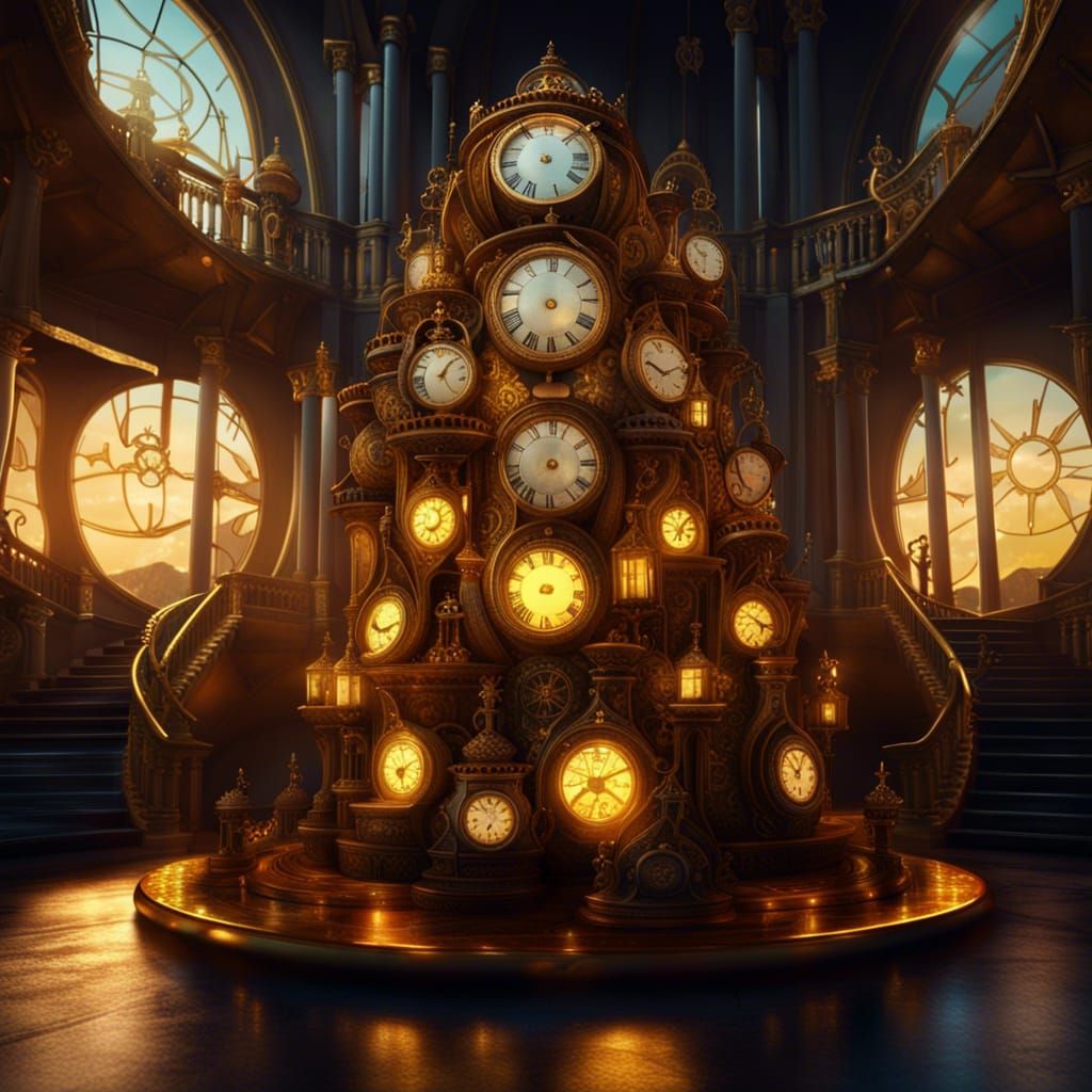 Glowing Clocks on Brass Shelves: Fantasy Concept Art