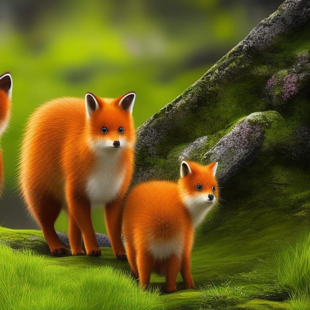 Fox Family in Forest Den: Digital Chibi Painting