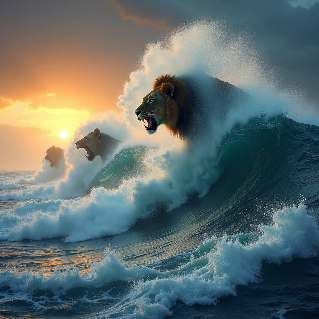 Animalistic Ocean Waves at Sunset
