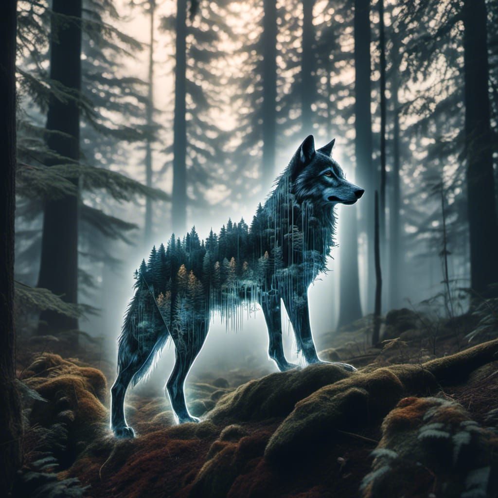 Mystical Wolf Silhouette with Forest Double Exposure