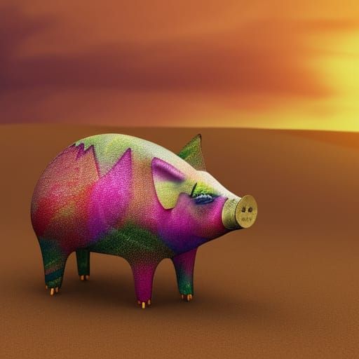 Sunset in the dessert, lost flamboyant pig looking for way