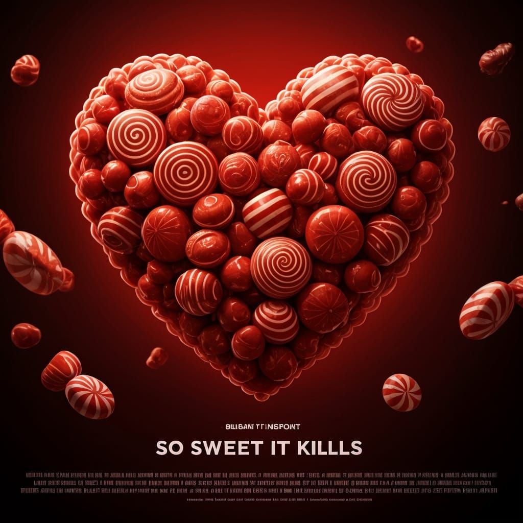 Hyperrealistic Candy Heart Poster in Vibrant Reds