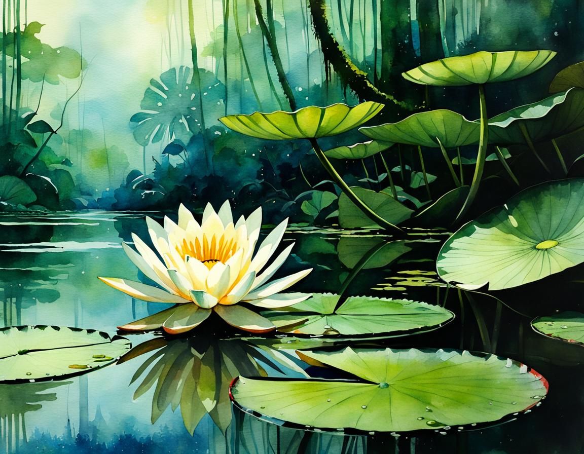Rainforest Water Lily: Storybook Watercolor Illustration