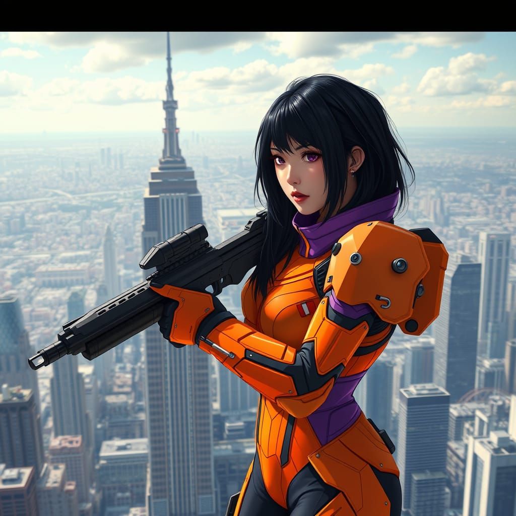 Anime-Inspired Warrior Stands Ready in Futuristic Metropolis