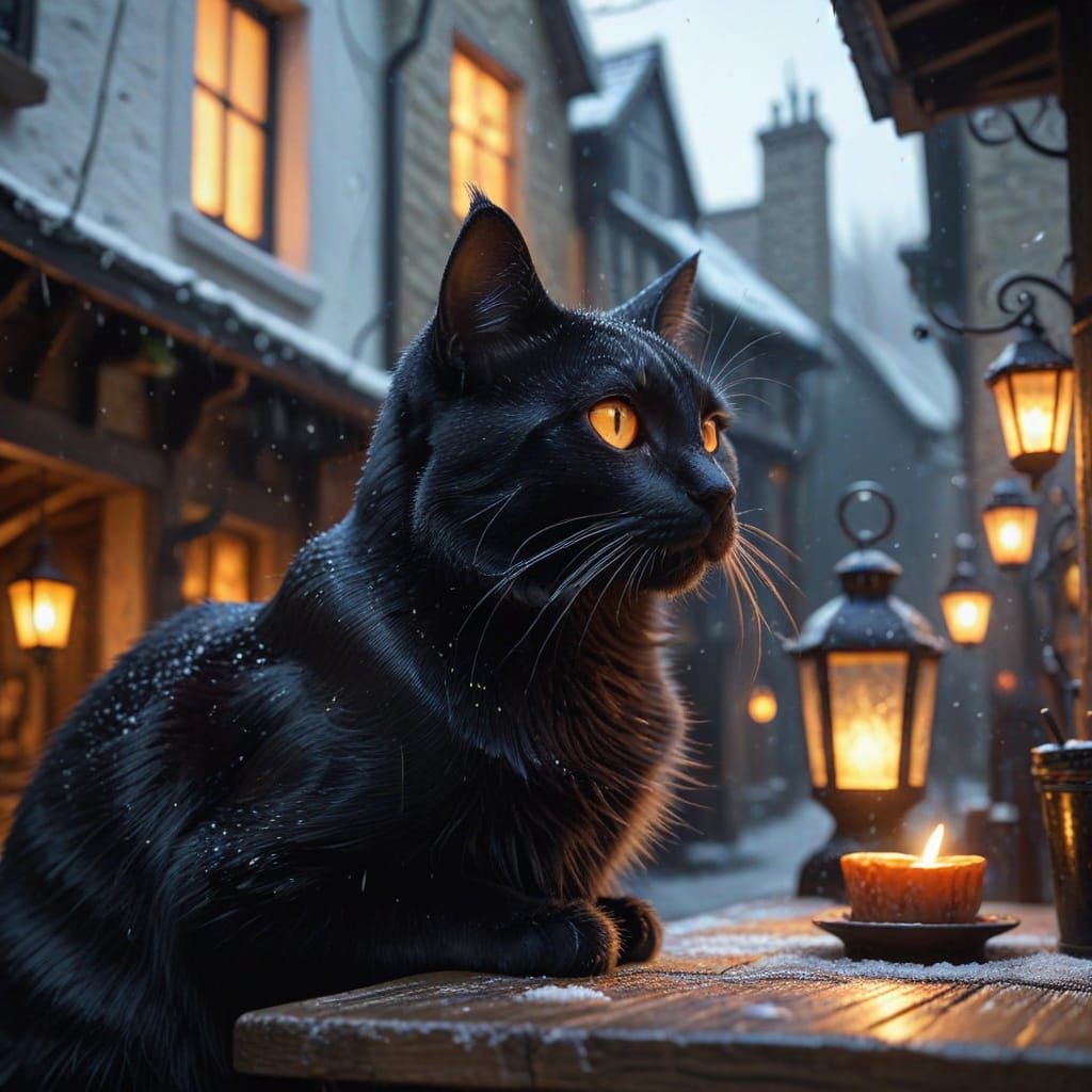 Mysterious Black Cat in Snowy Medieval Alley