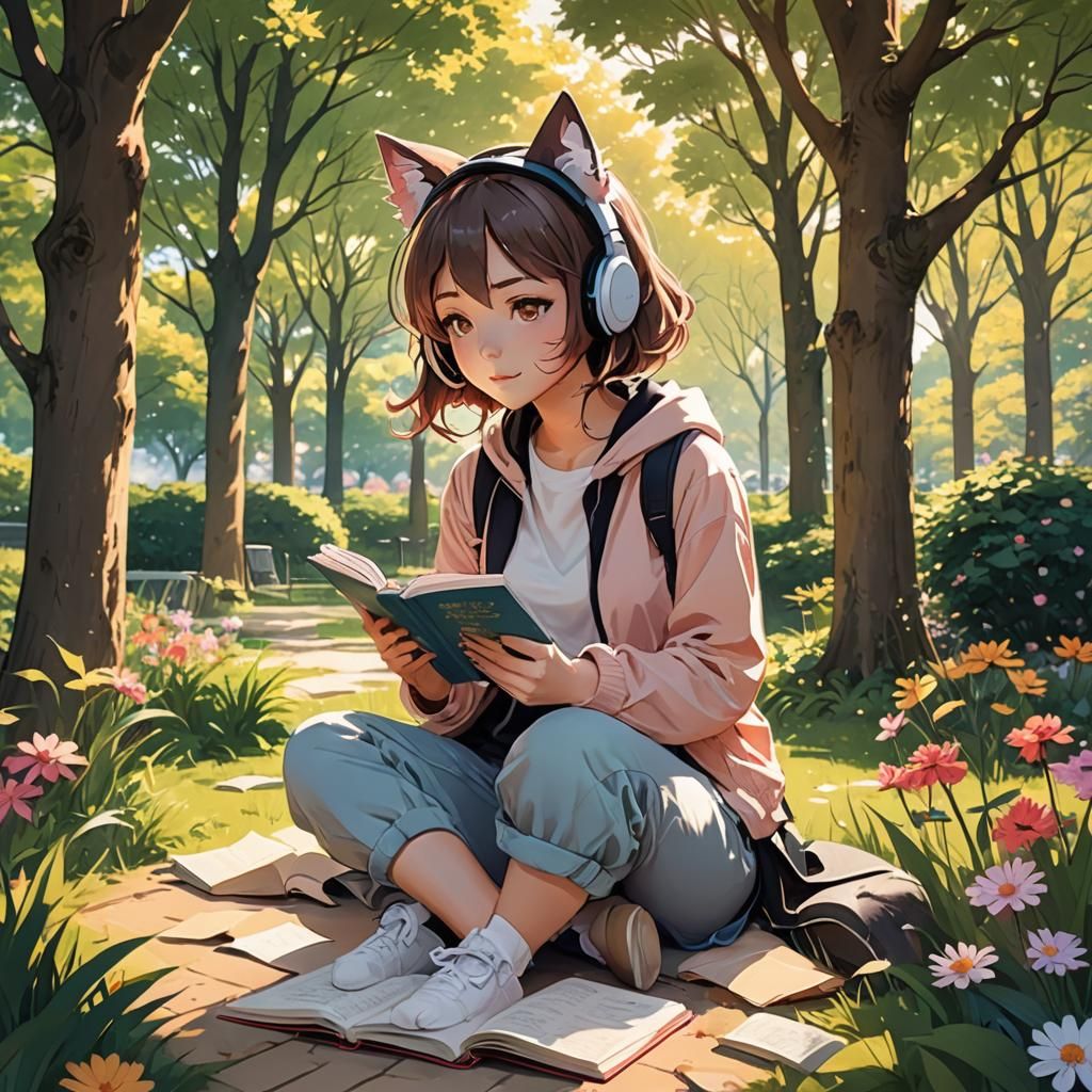 Anime Girl with Cat Ears Studying in Park