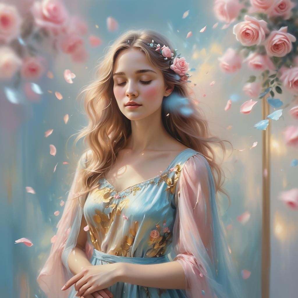 Ethereal Woman Surrounded by Roses as Oil Painting