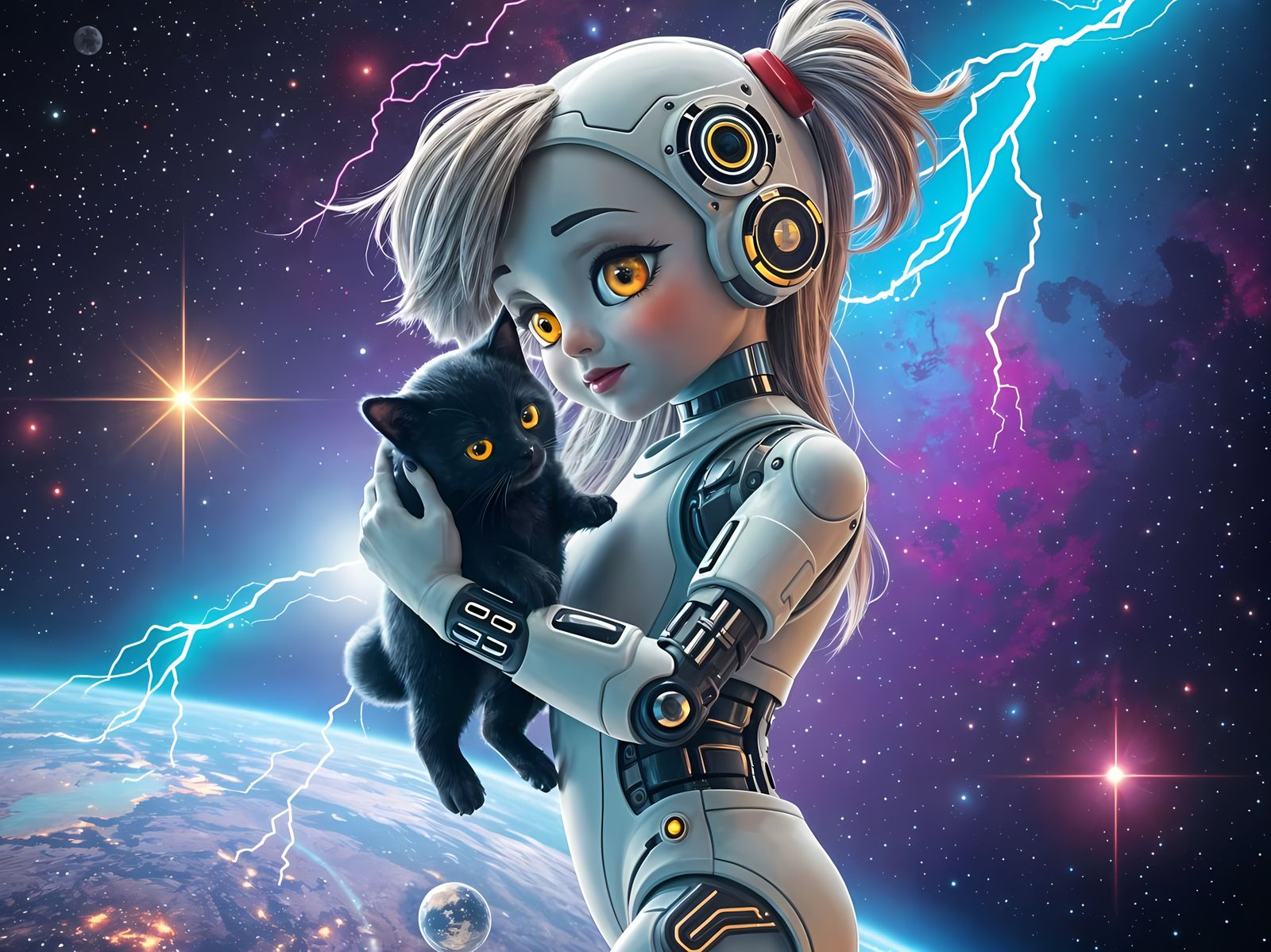 Futuristic Cyberpunk Doll with Kitten in Space
