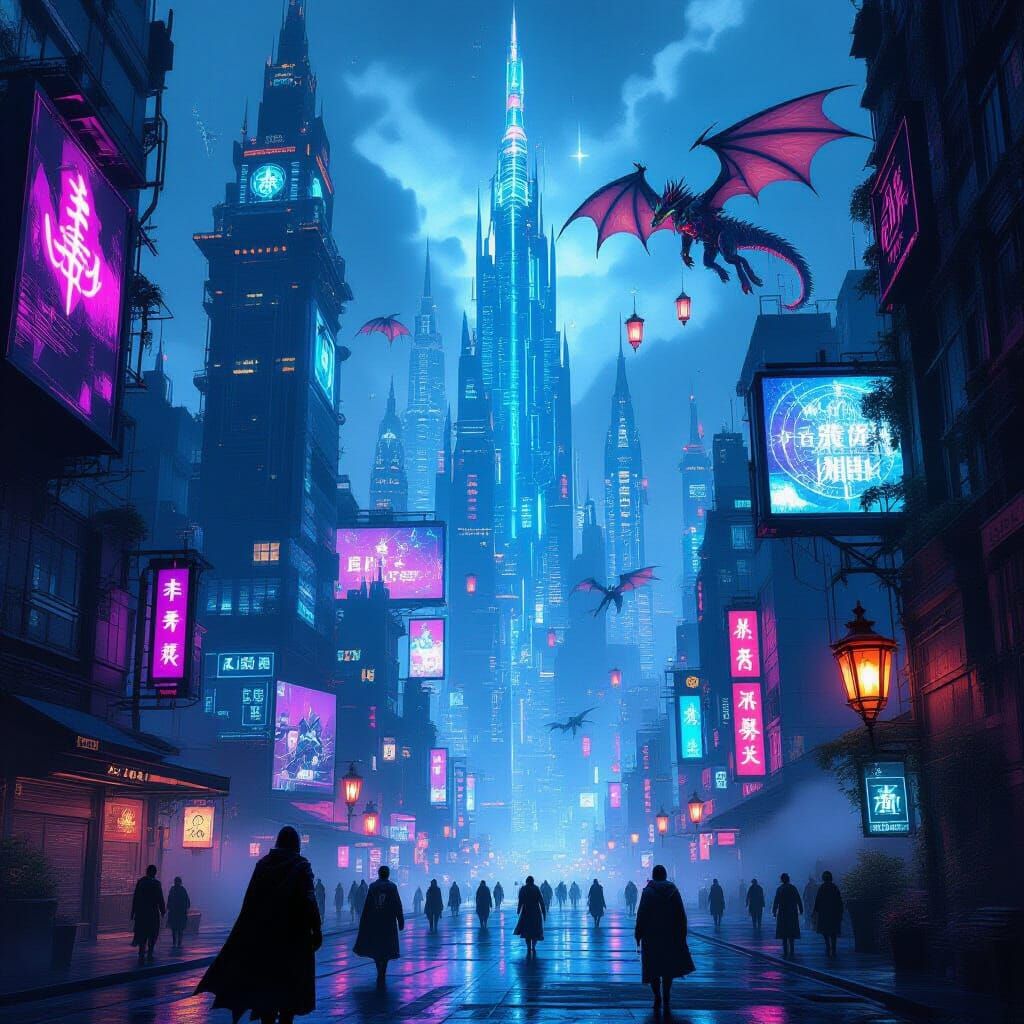 Cyberpunk Cityscape with Dragons and Neon Lights
