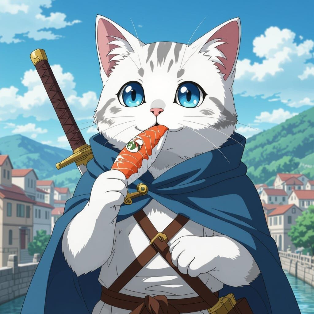 Anime Cat Warrior with Sword and Treat