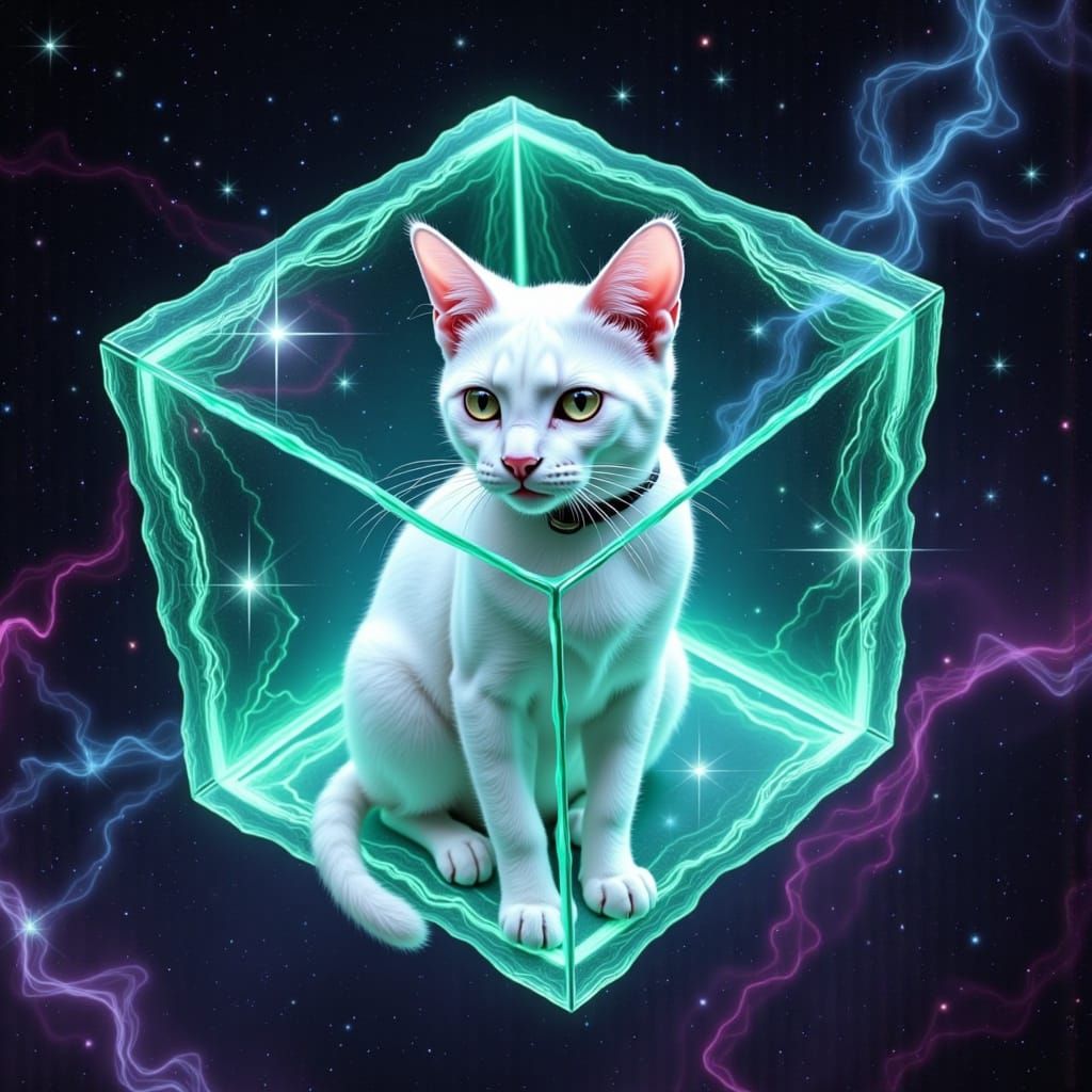 Cat in Cube Floating in Space, Photorealistic Digital Art