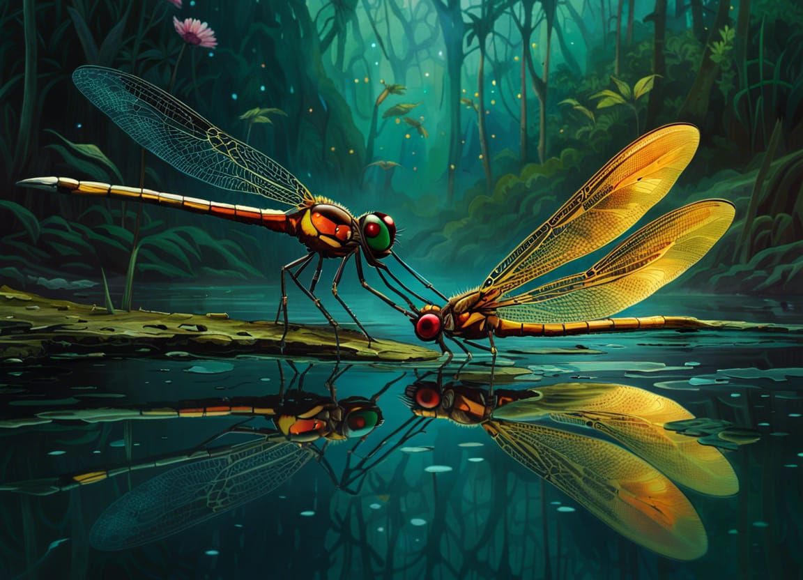 Dragonfly Touching Mirrored Reflection, Watercolor Style