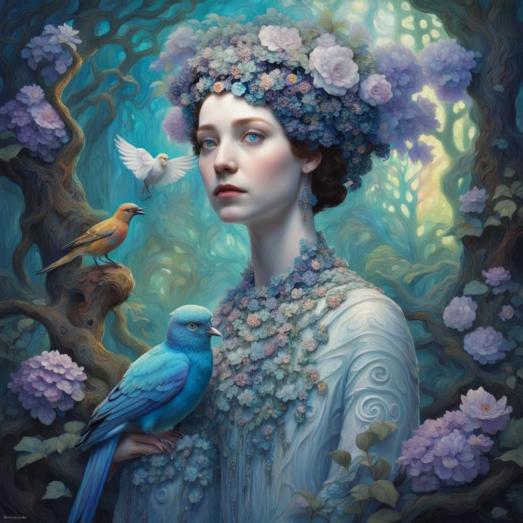 Porcelain Woman in Enchanted Forest, Klimt-Inspired Art