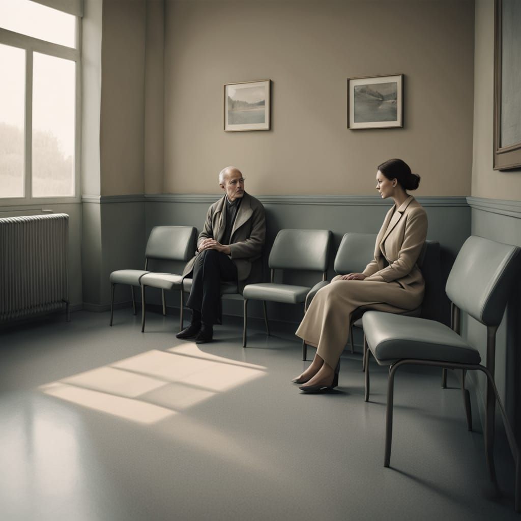 Quiet Waiting Room with Subtle Tension in Muted Tones