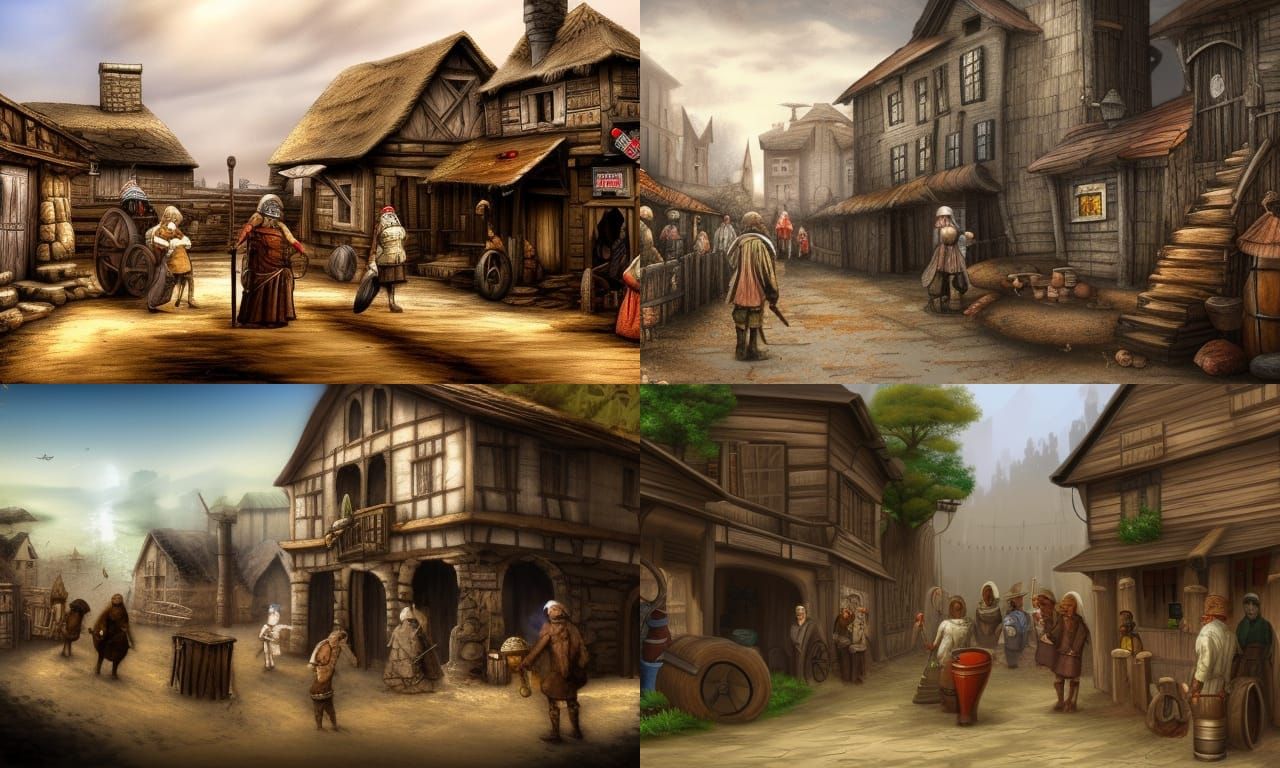 Medieval Fantasy Village Street Scene in Ethereal Style
