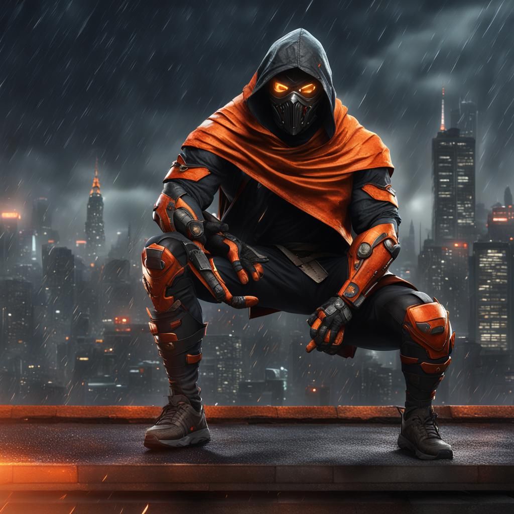Vigilante with Metal Claws on Rainy City Roof