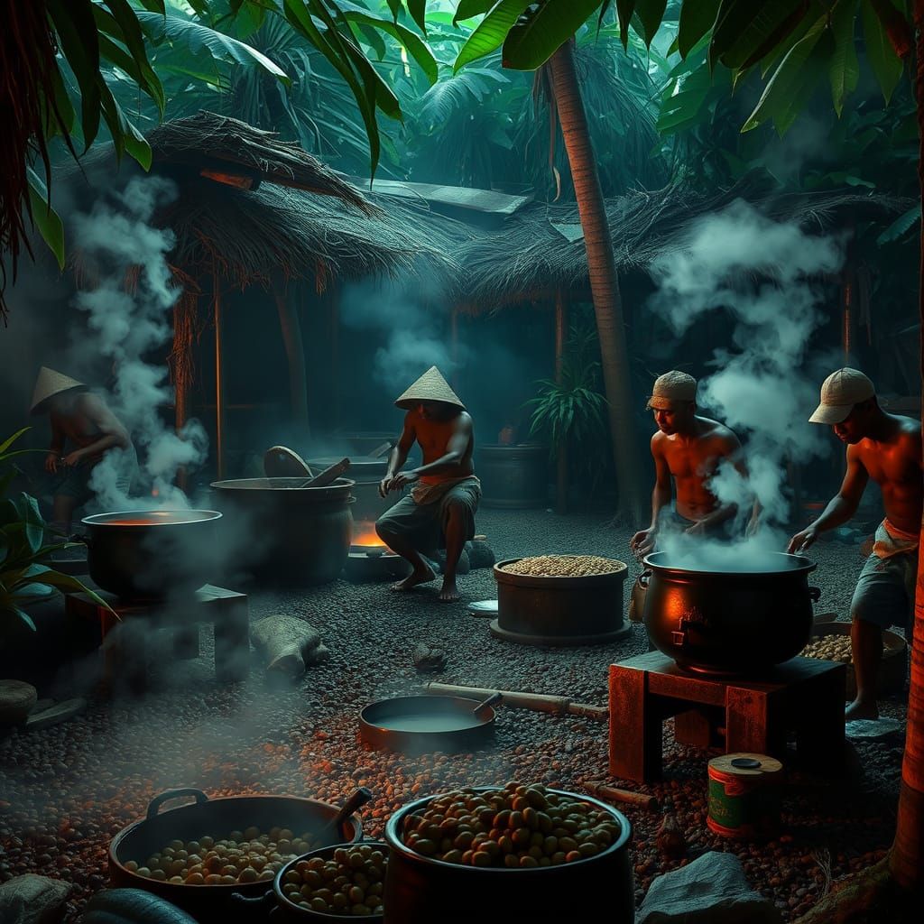Mayan Villagers Grind Cacao in Jungle Village