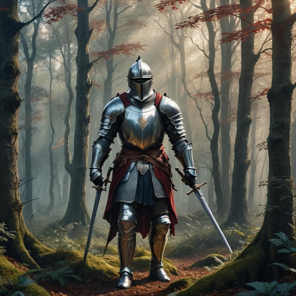 Medieval Knight in Mystical Forest: Digital Art