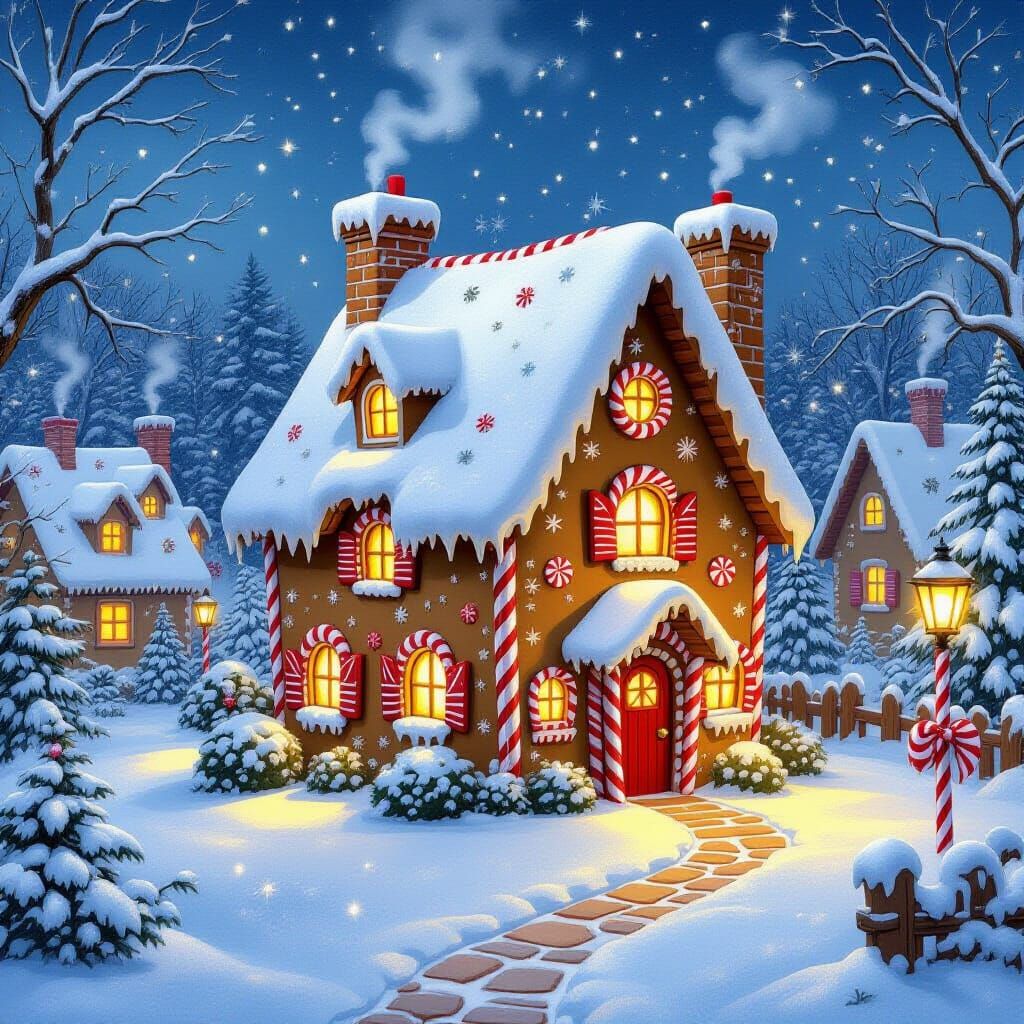 Whimsical Gingerbread Village in Snowy Landscape