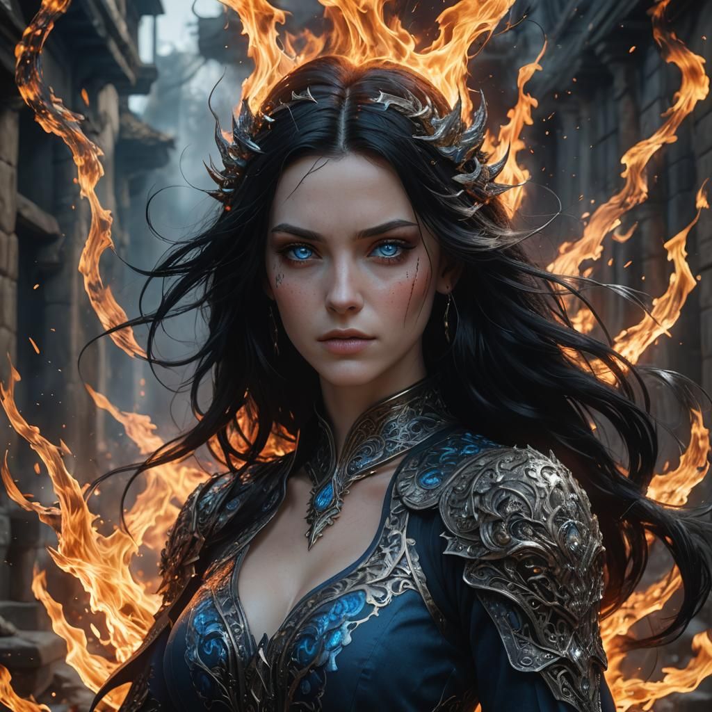 Girl, black hair, 
hair on fire, blue eyes, pale skin detail...