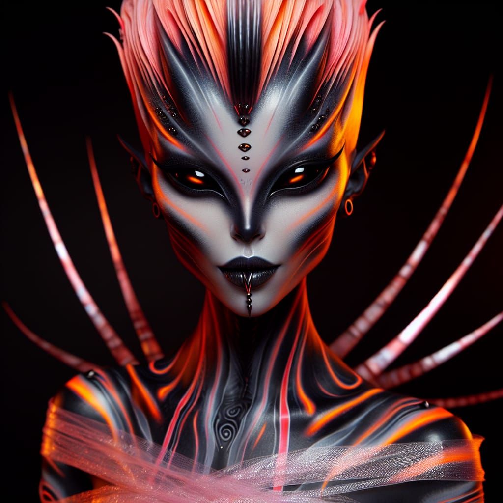 a stunning alien female, her face is enlongated with black s...