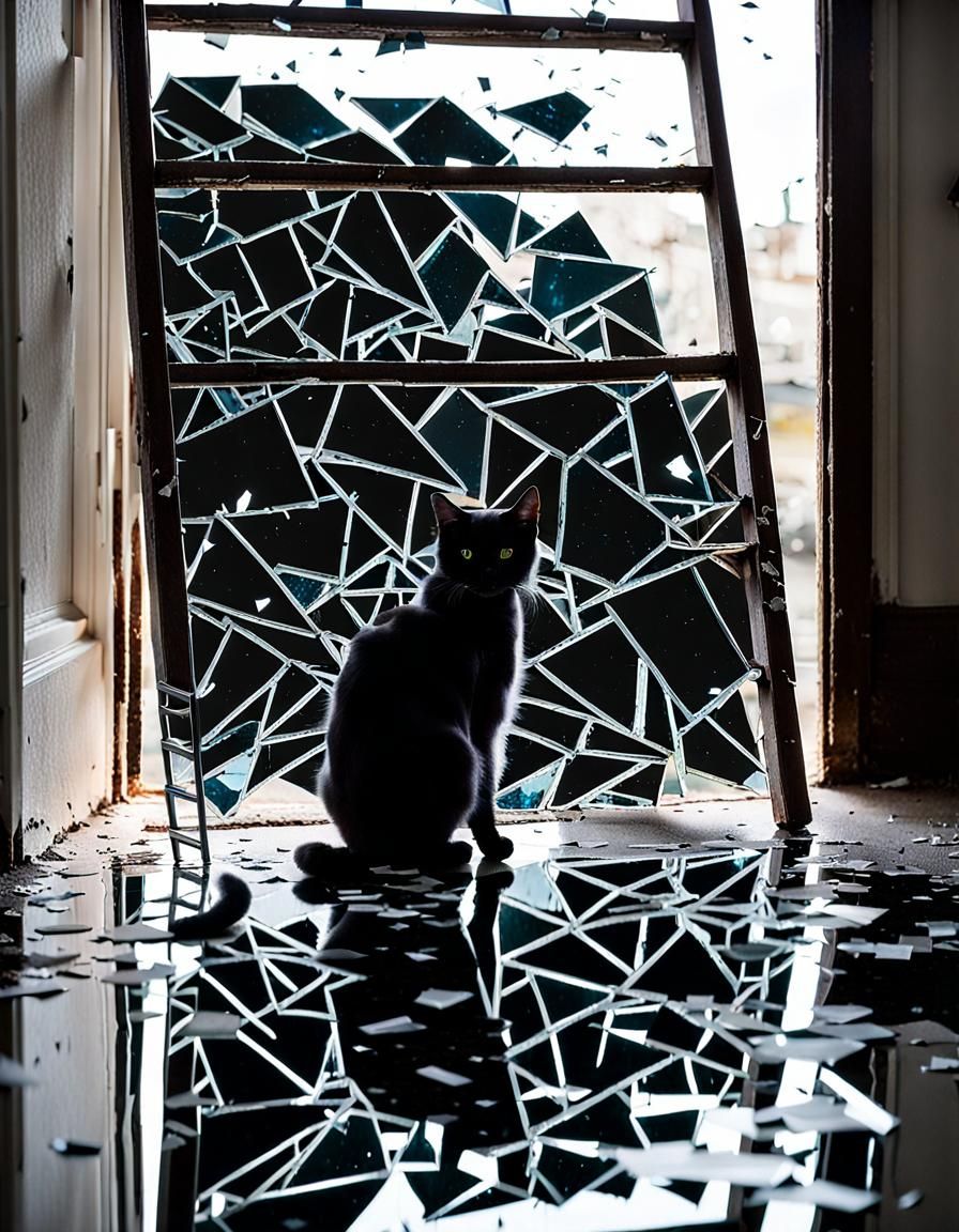 Broken Mirror Shards Reflecting Black Cat