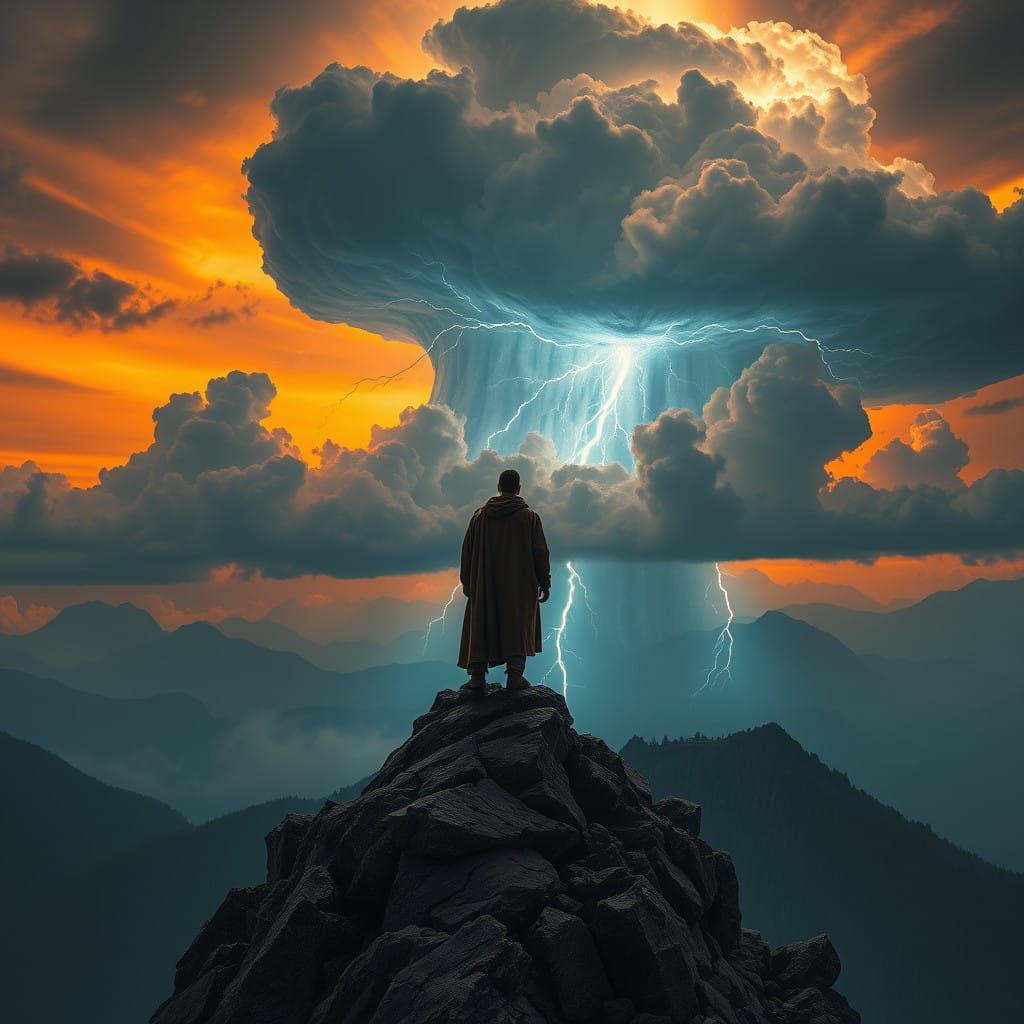 Man Standing on Mountain Peak, Gazing Down at Thunderstorm