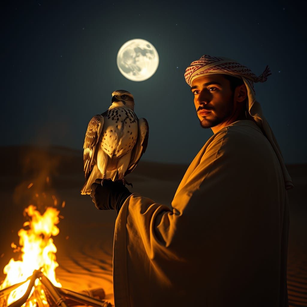Desert Falcon: Bedouin in a Cinematic Night Scene