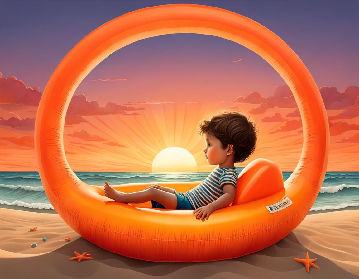 Child at Sunset Beach, Whimsical Vector Art
