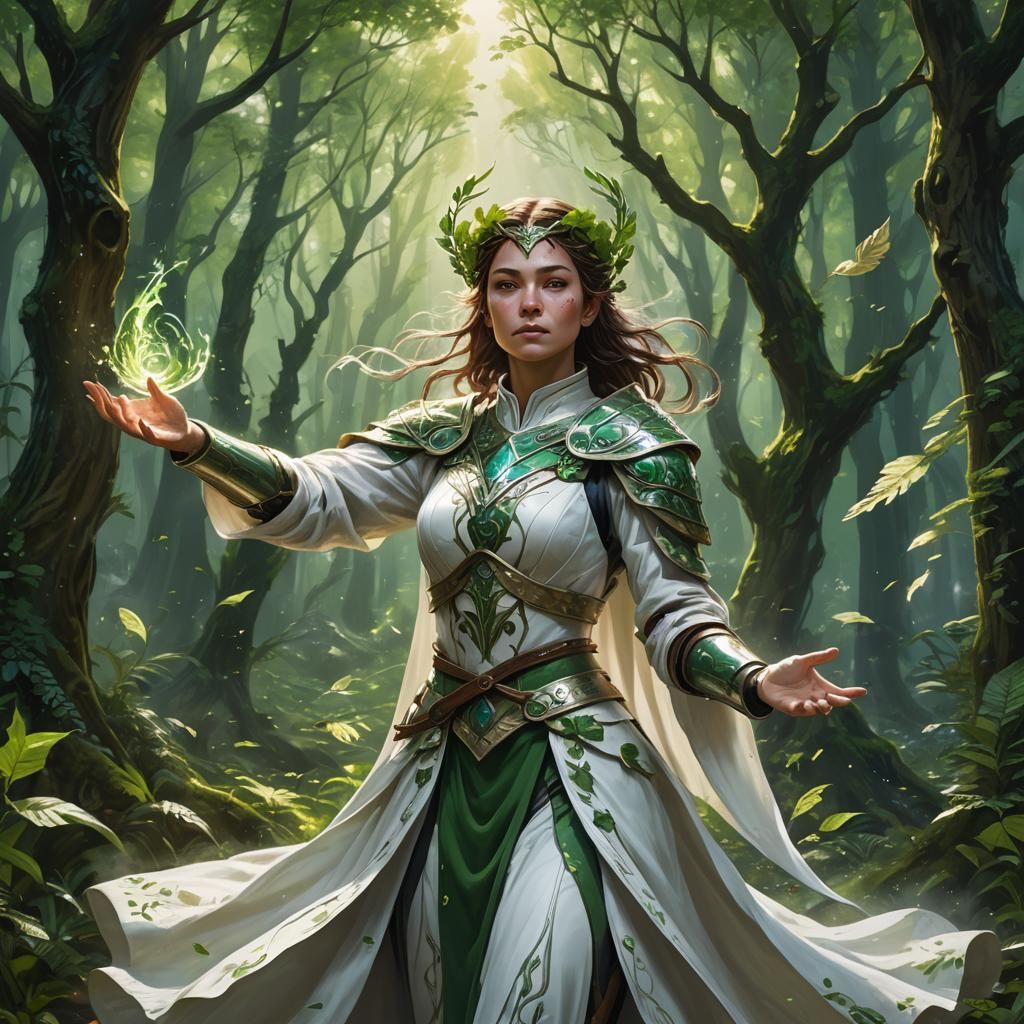 Life Cleric Casting Spell in Forest, Hyperrealistic Art