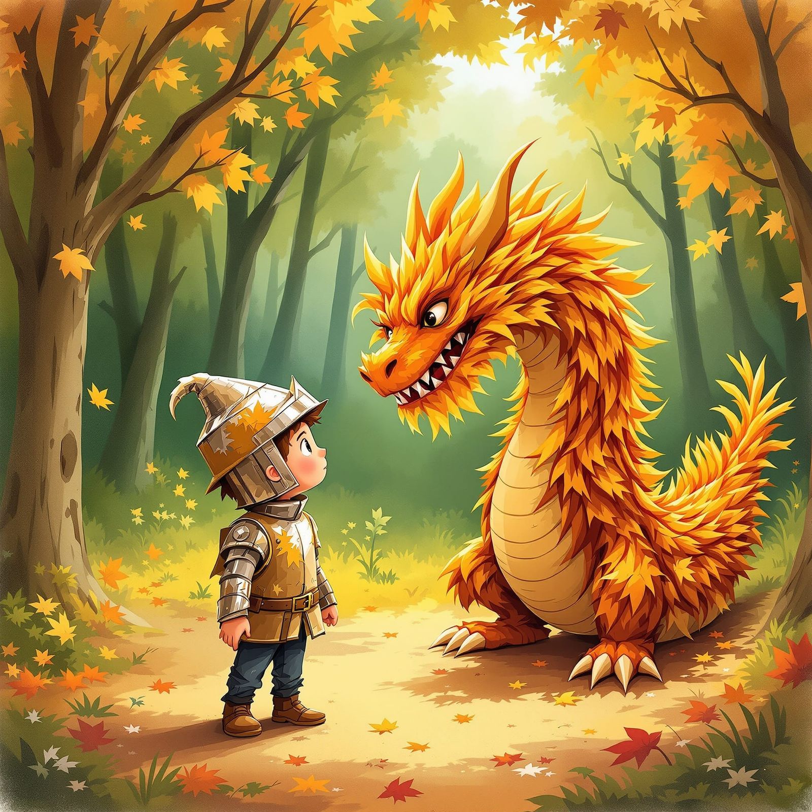 Child Knight vs Autumn Leaf Dragon: Children's Illustration