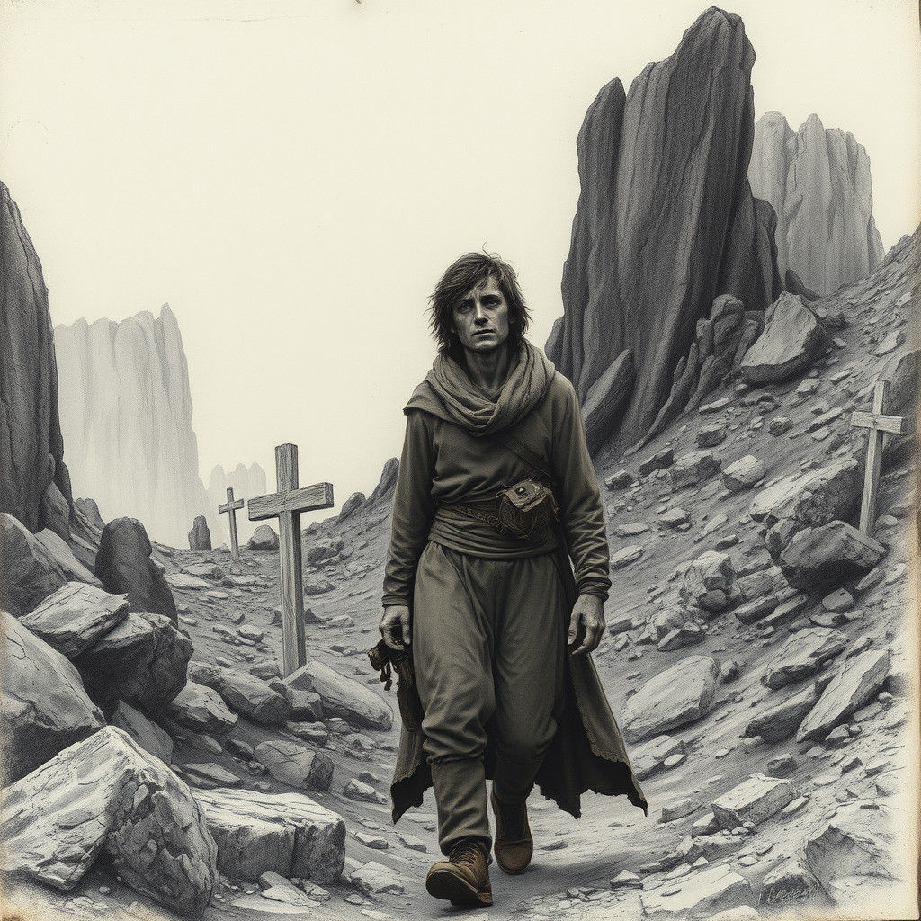 Sorrowful Figure in Desolate Landscape: Charcoal Drawing