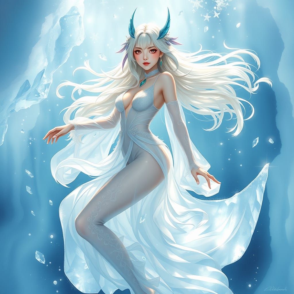 Yae Miko as Underwater Model in Gouache Style