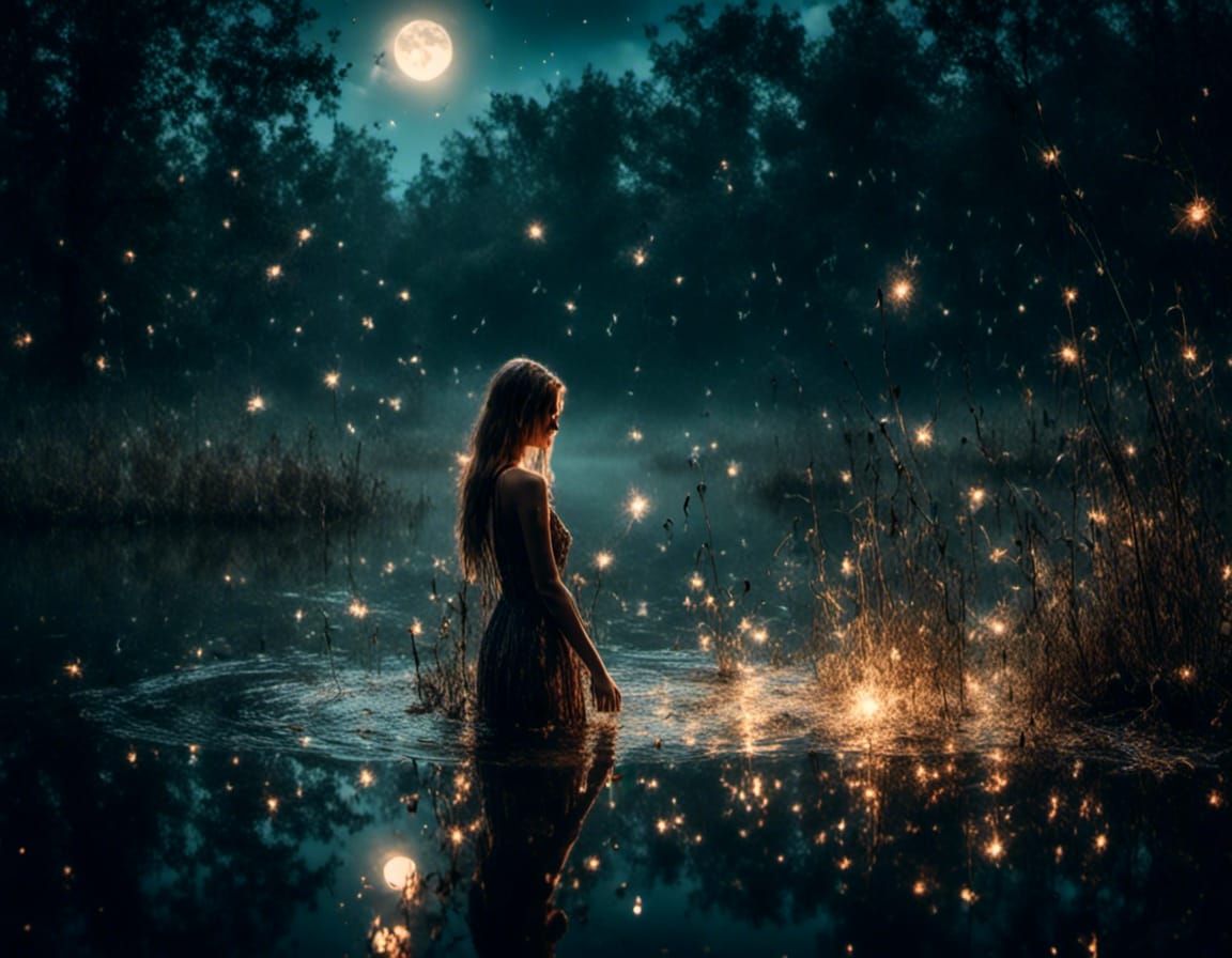 Ethereal Moonlit Lake with Bathing Girl