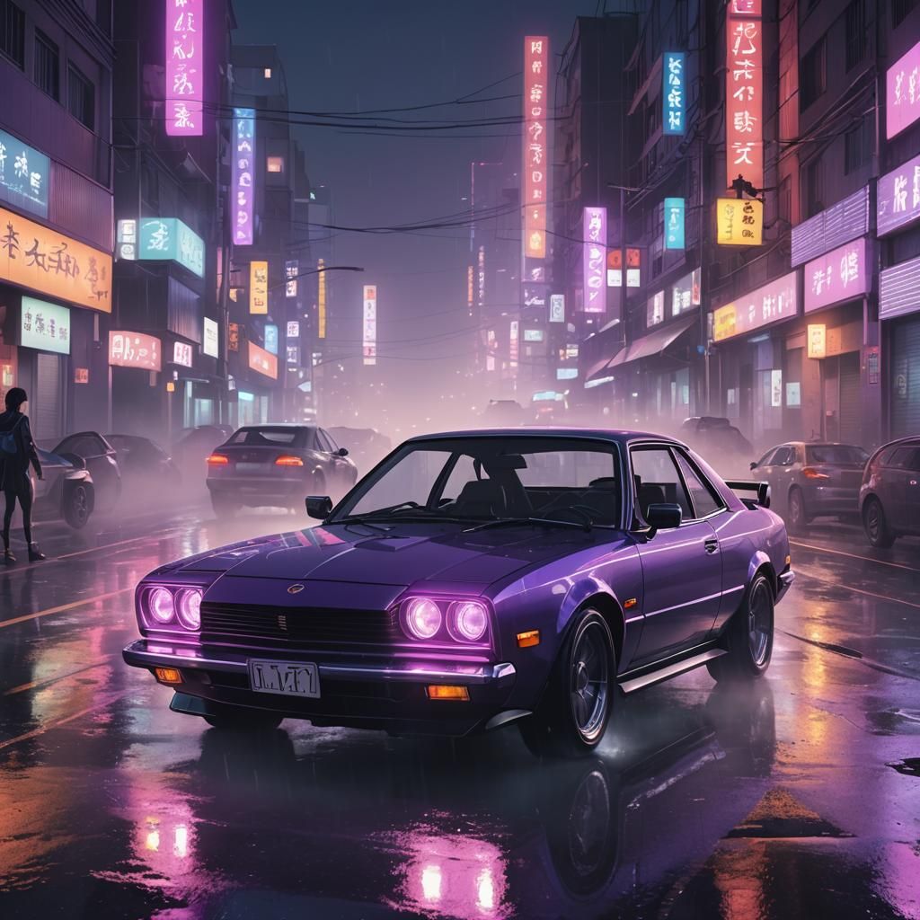 Anime Girls Driving in Neon Cityscape