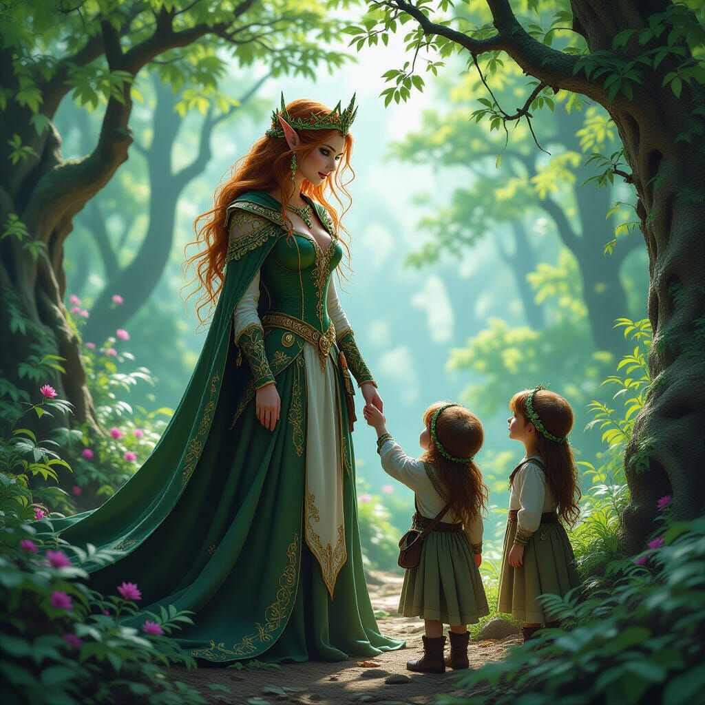 Elven Queen Guides Lost Children Through Enchanted Forest