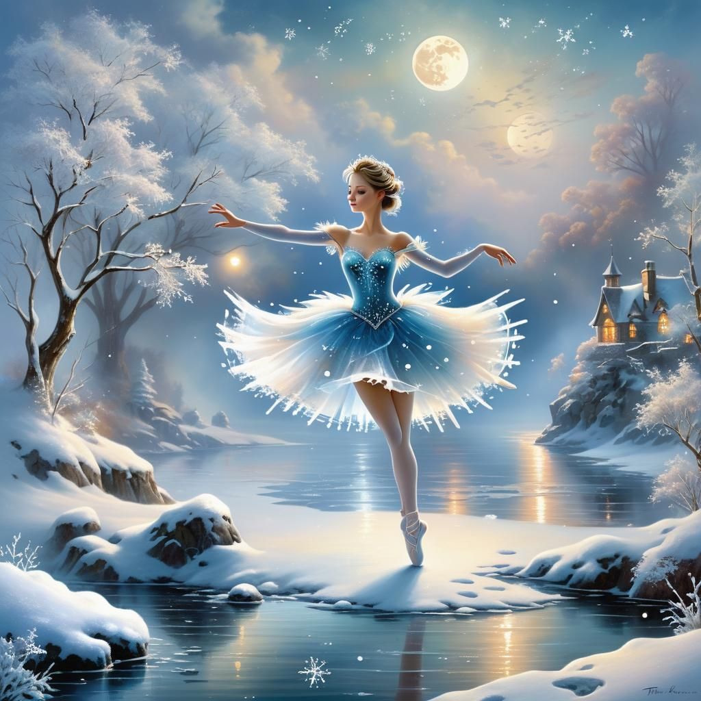 Ethereal Ice Ballerina in Winter Landscape