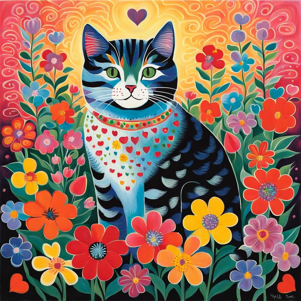 Cute Cat with Flowers in Abstract Style