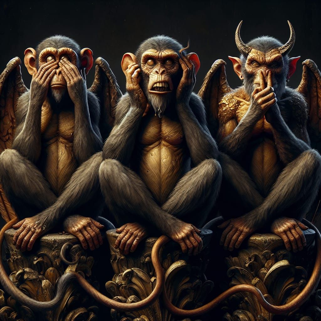 3 sitting monkeys, next to each other in front of a black background, the first monkey covers its eyes, the second cover...