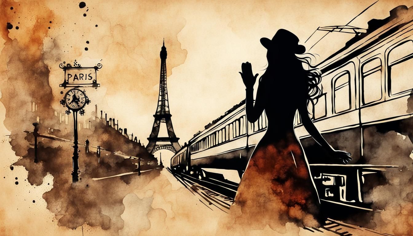 Girl Waving at Train in Paris: Steampunk Ink Painting